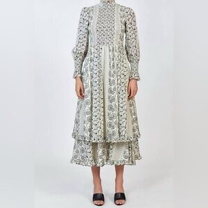 HUNTER BELL Long Sleeve Midi Dress in Cream and Black Floral Print
